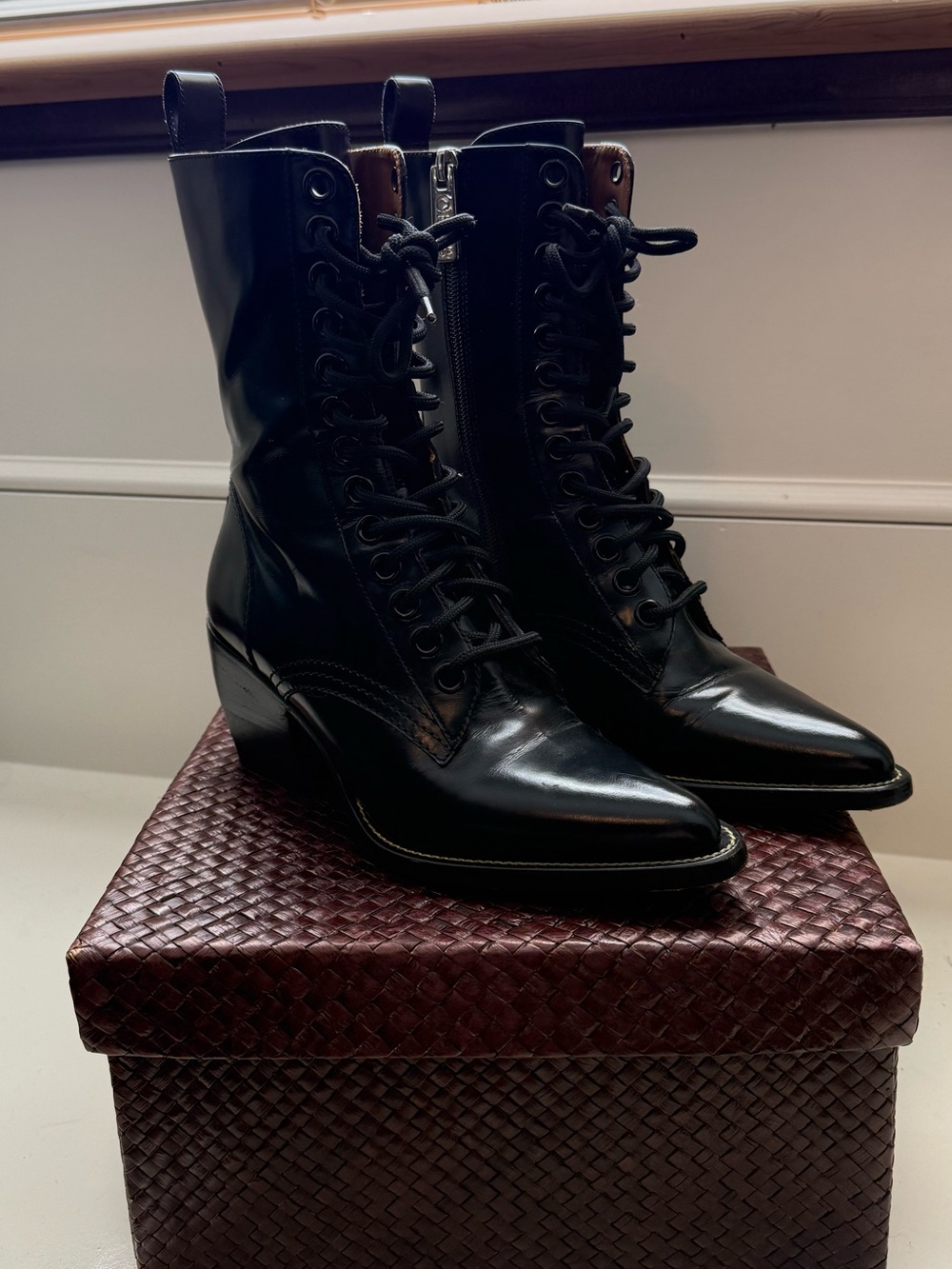Chloe Black Lace-Up Mid-Calf Leather Boots - Picture 3 of 7